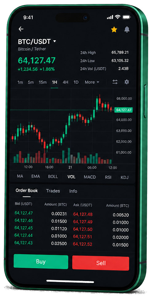Brise Capitoire trading platform on mobile — live BTC/USDT chart, order book, and buy/sell interface